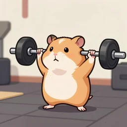 a drawing of sporty hamster doing barbell squats at the gym, digital art