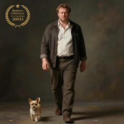 a large man walking a small dog