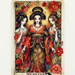 watercolor painting of a japanese bjd geisha horrific scary vampire by peter mohrbacher, amy sol, ayami kojima in the style of thoth tarot card, dark - fantasy, red, gold, black, flowers, rococo, 8 k