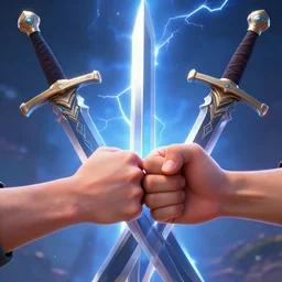 highly detailed portrait of fist bump in front of swords, lightning in background, video game cover art,, unreal engine, fantasy art by greg rutkowski, loish, rhads, makoto shinkai and lois van baarle, ilya kuvshinov, rossdraws, tom bagshaw, global illumination, radiant light, detailed and intricate environment