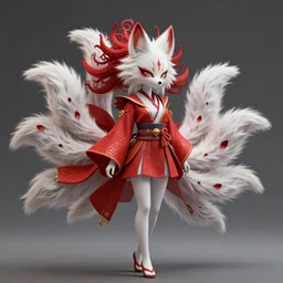 kitsune woman  fancy haircut, full body, intrincate,unreal engine octane, red and white,  glitter, depth of field, 8k, hyper detailed, trending on artstation