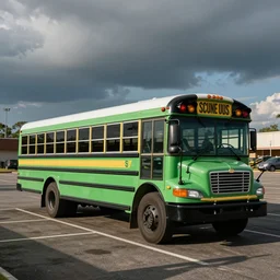a green schoolbus parked in a parking lot