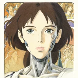 a female cyborg with bionic eyes, finely illustrated face, highly detailed, colored pencil, studio ghibli, tankobon, in the style of ilya kuvshinov and krenz cushart and william - adolphe bouguereau and alphonse mucha