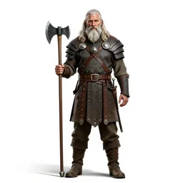 elderly viking warrior with axe, high detail digital art, full body, standing, isolated on a pure white background, centered, whole figure in frame, sharp focus, studio lighting