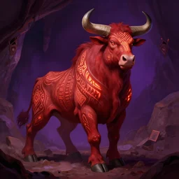 a shaded cartoon full body illustration of a male minotaur with glowing tribal skin markings in a dark cave environment with a bovine head, painterly, detailed, art deco, red and purple palette : : 0. 3 pulp fiction, intricate, elegant, highly detailed, digital painting, artstation, concept art, smooth, sharp focus, illustration, art by krenz cushart and artem demura and alphonse mucha
