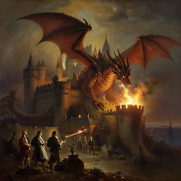 a castle at night being lit up by the fire of a dragon, Ivan Aivazovsky, Christopher Balaskas, Noah Bradley, Albert Bierstadt, Jim Burns, Edwin Church, Frederic Thomas Cole, Brown Durand, Asher David Friedrich, Caspar James Gurney, Johnson Heade, Martin Raphael Lacoste, Ted Nasmith, Andreas Rocha, Christophe Vacher