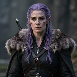 yennefer from the netflix witcher as a medieval fantasy tolkien elf, dark purplish hair tucked behind ears, wearing a fur lined collar, wide face, muscular build, scar across the nose, cinematic, character art, 8 k detailed.