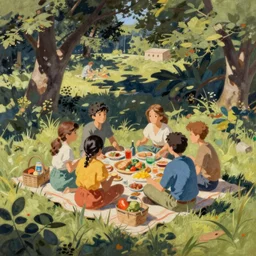 a painting of an outdoor picninc in the iconic style of moebius