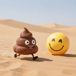 poop emoji chasing smiley face emoji in the desert