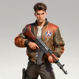 d. va from overwatch holding ak 4 7 rifle, ektachrome bomber jacket, frank frazetta style