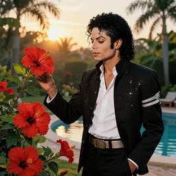 michael Jackson in a garden, vibrant red hibiscus, tropical pool, golden hour, artstation, by J. C. Leyendecker and Peter Paul Rubens, - 12p