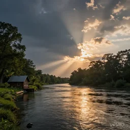 beutiful river scenery, alongside small house,with beutiful sunset