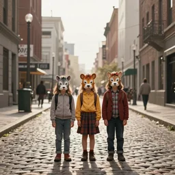 three kids on the bottom center of the frame wearing vintage animal masks, standing in the middle of a cobble stone street in brooklyn, the lighting is godly and soft, whimsical, disney concept art style