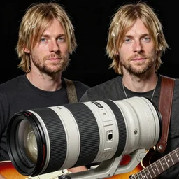 4K HD, high detail photograph, shot with Sigma f/ 4.2 , 250 mm sharp lens, overlap perspective, shallow depth of field : (subject= Kurt Cobain + subject detail= guitar, accurate body features, consistent, high detailed light refraction , high level texture render)