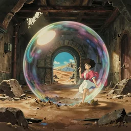 realistic interior shot from howl's moving castle ( 2 0 0 4 ) of a bubble time portal in a crumbling flooded desert prison, cartoon, depth of field.