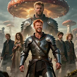 ( ( ( laughing ) ) ) ( ( ( ( copper haired chris hemsworth ) ) ) ) as destruction from sandman looking like kristofer hivju!!, medival armour!!, mushroom cloud in the background, by jeremy mann, by frank moth, jeff easley, alphonse mucha, dave mckean, soft lightning, high detailed, 8 k
