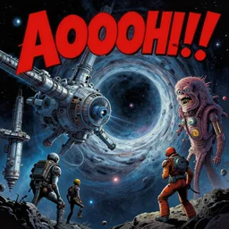 an aaahh!!! Real monsters space station near a wormhole in outer space by Ralph McQuarrie Jack Kirby and Steve Ditko | Unreal Engine:. 5 | graphic novel: .3
