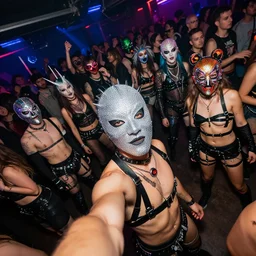 selfie at a provocative techwear packed busy rundown nightclub, lots of people, males and females breakdancing, variety of sharp sparkly creepy masks, harnesses and garters, retrofuturism, brutalism, cyberpunk, sigma 8 5 mm f / 1. 4, 1 5 mm, 3 5 mm, tilted frame, long exposure, 4 k, high resolution