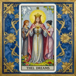beautiful tarot card of the queen of dreams by carol bak and jacek yerka and dan mumford and victo ngai, oil on canvas, intricate border, symmetrical, 8k highly professionally detailed, HDR, CGsociety