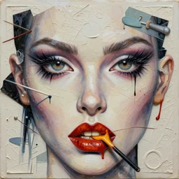 dangerous eyes and burning lips looking at me embraced detailed chaotic mixed media collage with relief texture in style of conteporary art, punk art, dadaism, photorealistic, expressionism, masterpiece, balanced composition, light colors, spectacular quality, intricate oil details