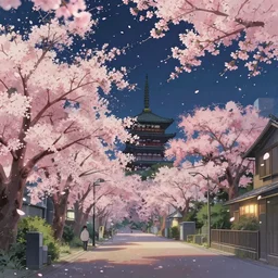 the city of kyoto 1 0 0 0 years ago at night, with many cherry blossoms in full bloom, petals floating in the sky, in the style of studio ghibi, 8 k