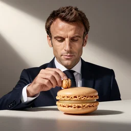 emanuel macron merged with a macaron, pack shot, clean photography, advertising campaign