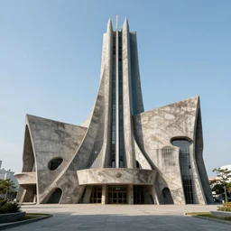 a scifi church built in brutalist architecture, wild unique building geometry, combination of sharp and rounded elements, photography