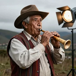 Bolivian old man playing a quena wind instrument, unreal 5, hyper realistic, realistic, photo realistic, dynamic lighting, highly detailed, cinematic landscape, studio landscape, studio lighting