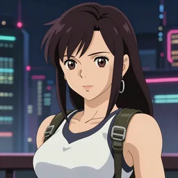 anime fine details portrait of Tifa Lockhart in front of cyberpunk moder city landscape on the background deep bokeh, close-up view, anime masterpiece by Studio Ghibli. 8k, sharp high quality anime, artstation