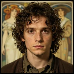 a portrait of frodo, beautiful, dark curly hair and brown eyes, very detailed, amazing quality, stunning, by rebecca guay and alphonse mucha and ilya kuvshinov, artstation, pixiv, digital art