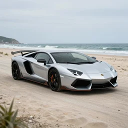 A beautiful silver Lamborghini aventador on the beach, 8k