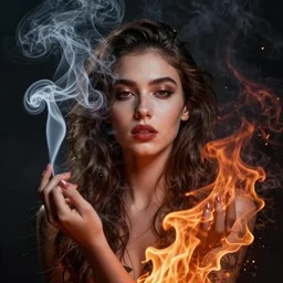 a portrait of a beautiful young woman made of smoke and ember, high contrast, hdr, by enki bilal and daarken