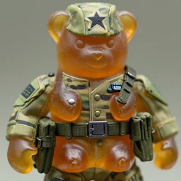 gummy bear soldier wearing full military uniform and gear, macro lens