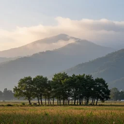 landscape photography, field with trees, morning, soft lighting, mountains, clouds, beautiful