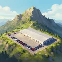 A warehouse parking lot on the peak of a mountain, digital art, artstationhq, by Jordan Grimmer and Victor Mosquera