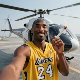 selfie of kobe bryant holding a giant cigarette in a helicopter filled with smoke, 8k resolution, hyper detailed, shot in the air