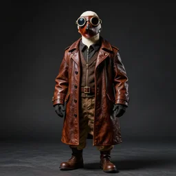 an animal goose wearing steampunk leather goggles, leather facial mask, a long leather coat, dramatic lighting, full body shot, sigma 5 0 mm