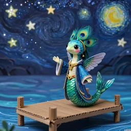 stop motion bipedal starry night eel snake fantasy mermaid with a fish body, hummingbird hair, wearing peacock magic imbued mage robes with gold accent jewelry, inside a handcrafted cardboard dock to look at the hand painted night sky full of glittery star stickers and glow in the dark star stickers over a paper sea, adorable, charming, macro camera lens