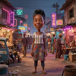 stylish caricature art of a bustling neon lit ajegunle slum in nigeria, photographed by vivian maier, unreal engine 3 d vfx render, digital illustration by mike winkelmann, intricate detail, sharp, volumetric light, ray tracing, soft light, colourful, claymation, wide angle, acrylic, cinestill 8 0 0 t,