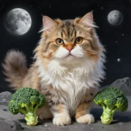 A hyper real comic book style portait painting of persian cat on the moon and a broccoli, unreal 5, hyperrealistic, octane render, cosplay, RPG portrait, dynamic lighting