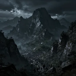 a crowded maximalist mountain scenery, midnight, eerie, dark, artstation, digital art.