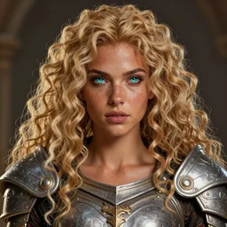 complex 3 d hyper realistic smooth ultra sharp render of a gorgeous princess warrior paladin woman | sunkissed tan skin, curly dirty blonde hair, freckles, luminescent eyes | d & d, medieval, fantasy | art by oh jinwook + 吵 集 仁 儿 on artstaion + takeshi obata + alphonse mucha