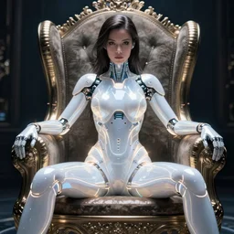 beautiful seductive woman android wearing glowing white, legs apart pose, futuristic, ultra realistic, dramatic lighting, sitting on throne, highly detailed by peter mohrbacher, hajime sorayama, wayne barlowe, boris vallejo, aaron horkey, gaston bussiere, craig mullins, octane render, cycles render, vray, iridescent