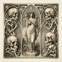 detailed realistic memento mori etching by cameron gray and louis comfort tiffany, gothic ornament, skulls, bones, art nouveau, neogothic, ornate art nouveau botanicals, horizontal symmetry
