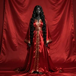 aesthetic!!!!!! Female genie in Arabic clothing, black skin, long black hair, red tint, frontal pose, cinematic lighting,  silk, fabric, full-length view, XF IQ4, f/1.4, ISO 200, 1/160s, 8K, RAW, unedited, symmetrical balance, in-frame, Facial Retouch, depth of field, vibrant.