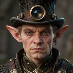 closeup portrait of a steampunk medieval goblin wearing a top hat, depth of field, zeiss lens, detailed, symmetrical, centered, fashion photoshoot, by Annie Leibovitz and Steve McCurry, David Lazar, Jimmy Nelsson, Breathtaking, 8k resolution, extremely detailed, beautiful, establishing shot, artistic, hyperrealistic, beautiful face, octane render