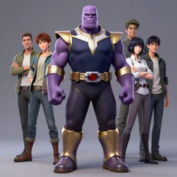beautiful full body portrait of thanos dressed like the purple mighty morphin power ranger. character design by disney, anime, manga, charlie bowater, ross tran, artgerm, and makoto shinkai, detailed, soft lighting, rendered in octane