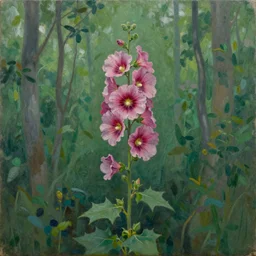 a hollyhock plant in shape of long forest, oil on canvas by rob gonsalves