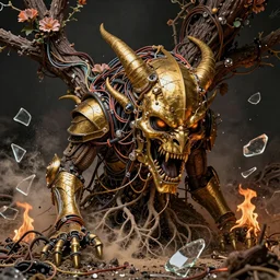 golden armored head complex demonic and cables creature, flowers tree roots strangled, birk, glass debris pieces, dust particles, dramatic lighting, electronic wires, fire burning, high resolution photo,