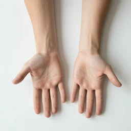 looking down at my left and right hands. my right hand with the palm facing down towards the table and my left hand with the palm facing up towards the camera, hands have 5 fingers